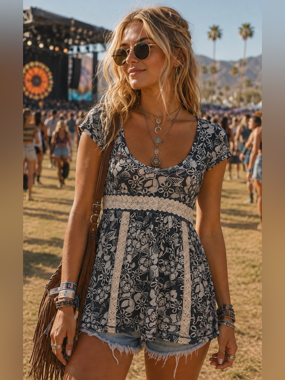 Hollister Floral Babydoll Top Lace Empire Waist Cottagecore Y2K Gray Large Boho